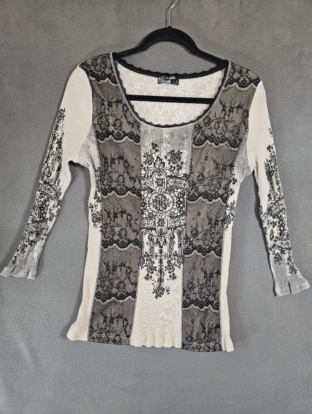 Vintage Y2K Vanilla Sugar Women Large Whimsy Goth Shirt Beige Black Lace Rib Fit
